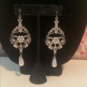 Sweet Love Silver White Filigree Chandelier Earrings with Pearls